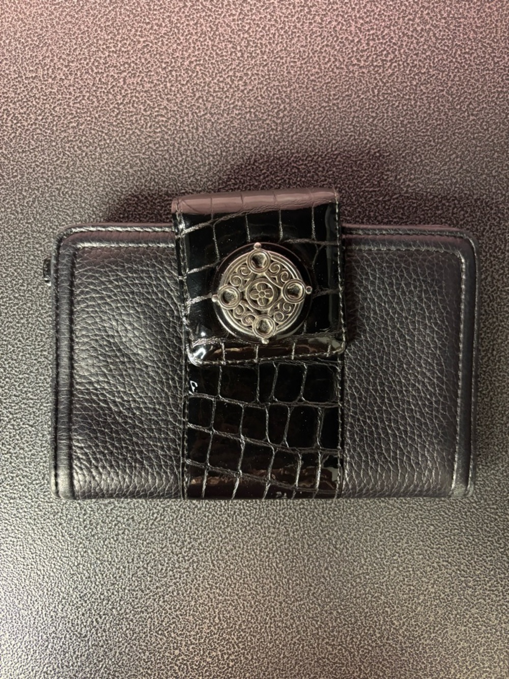 Brighton Black Textured Leather Wallet with Croc Patent Accent